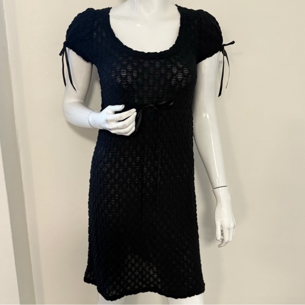 Vintage Y2K Lace Knit Mini Babydoll Grunge Dress Adjustable Bow Waist & Sleeves